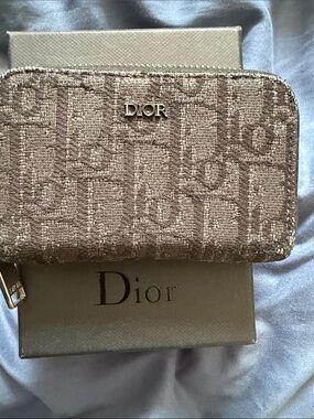 Dior Taupe Jacquard Zip-Around Wallet with Metal Logo